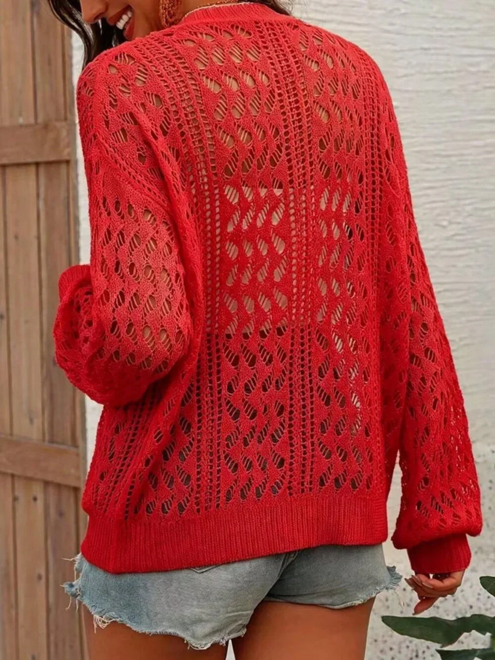 Red Casual Women's V-Neck  Button Front Hollow Knit Cardigan